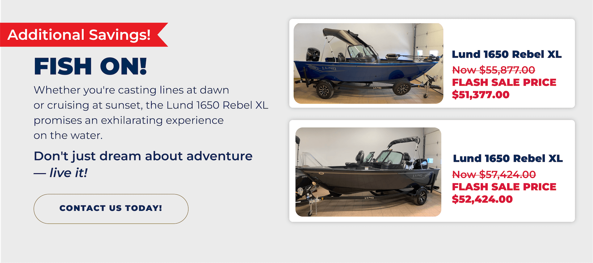 Fish On boat sale banner featuring two Lund 1650 Rebel XL fishing boats with flash sale prices starting at $51,377.00.